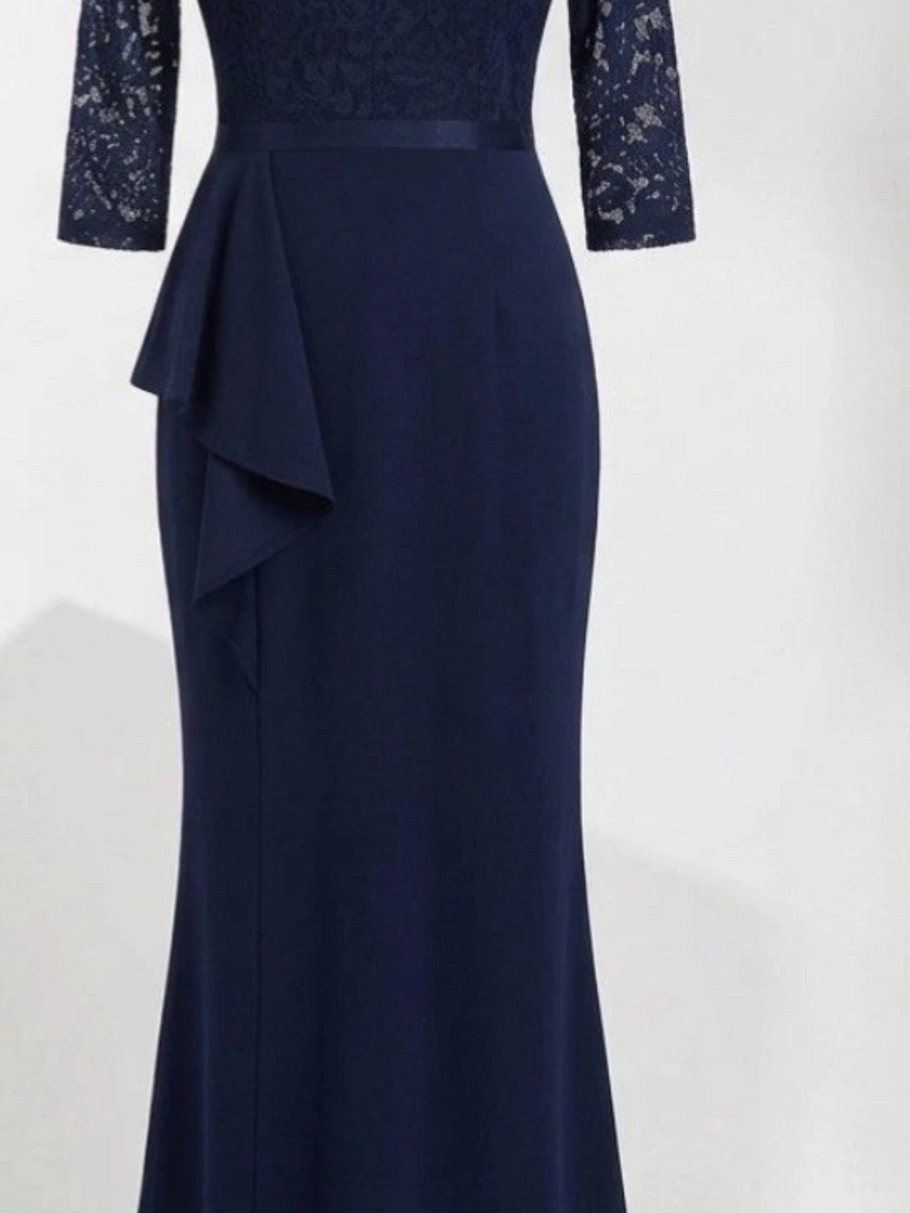 Navy Long-Sleeve Lace Overlay Evening Gown